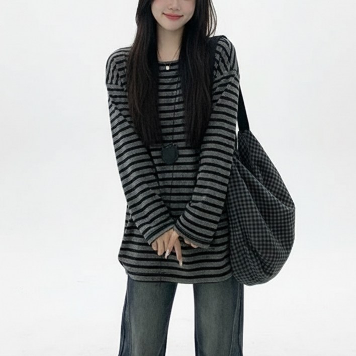 마켓피아 여성용 루즈핏 스트라이프 라운드넥 긴팔 티셔츠