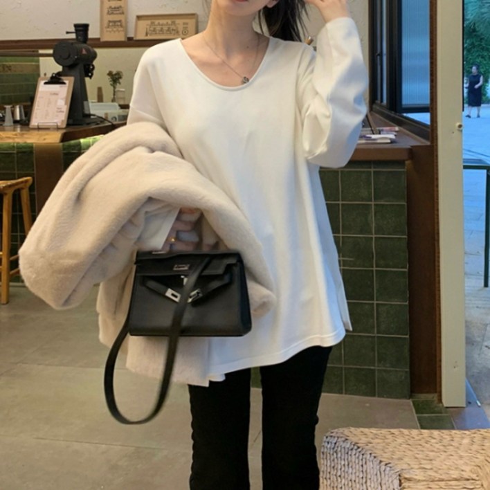 피어니스트 여성용 오버핏 옆트임 롱 티셔츠 피어니스트 여성용 오버핏 옆트임 롱 티셔츠