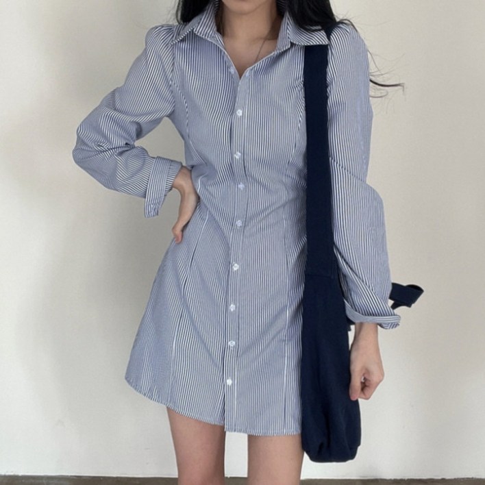 피어니스트 슬림 허리 스트라이프 셔츠 원피스