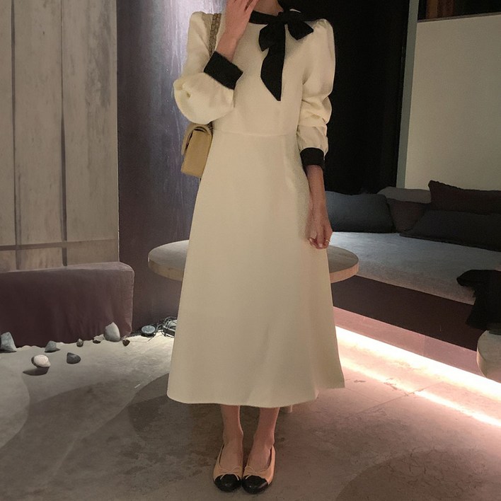 페이퍼먼츠 단정 프랜치 리본타이 배색 원피스 11984