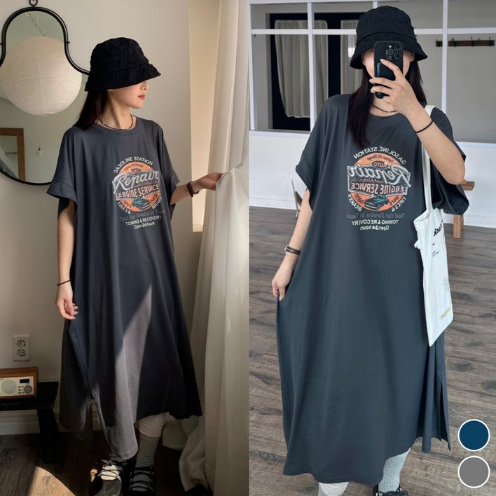 핏몬 여성 5599 빅사이즈 찰랑 가오리 반팔 빈티지 프린팅 면 스판 롱 원피스