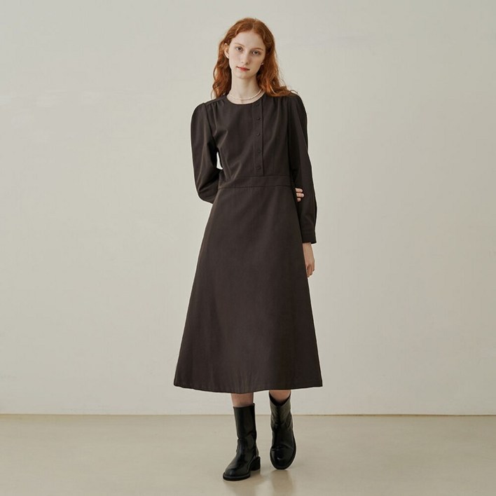 어다울 One side button puff long dress - deepbrown