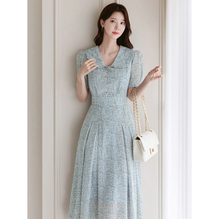 시크라인아델리 프릴 카라 플로랄 플리츠 쉬폰 원피스 빅사이즈모임룩나들이룩