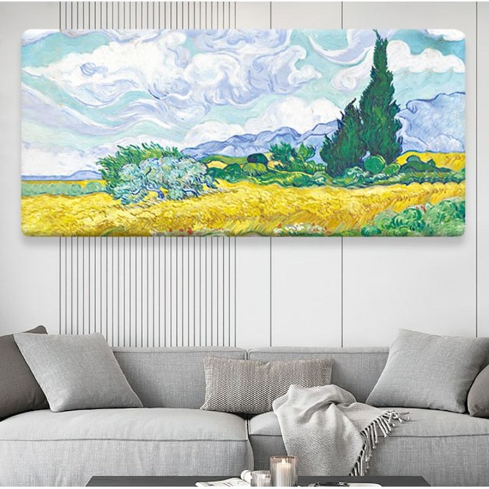 인기 명화그림 빈센트 반고흐 캔버스액자 별이빛나는밤 카페테라스 해바라기그림 대형 와이드 홈카페 인테리어 거실 침실 카페, 사이프러스 밀밭