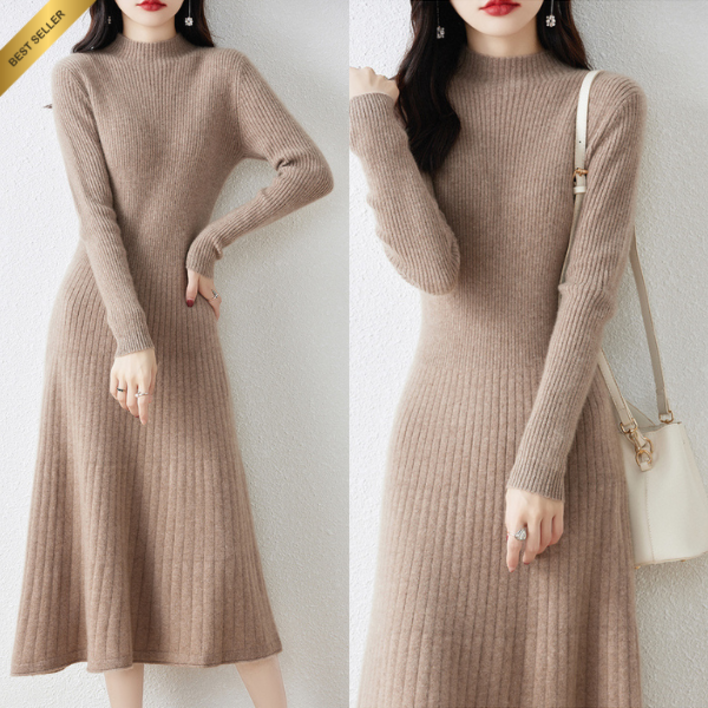 산들라 세미터틀넥 메리노울 니트 롱원피스 여성 겨울 플레어핏 하객룩 데일리룩