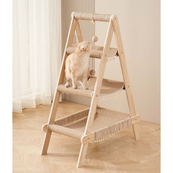 SAIVEINA 고양이 3단 A형 캣트리 조립 쉬움 사계절 사용 안전하고 튼튼한 캣타워 프리미엄 원목 다묘가정 고양이 해먹, 1개, 베이지