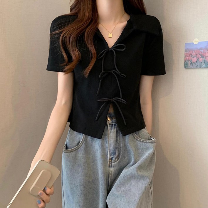 ANYOU 여름 반팔티 칼라 여성 리본 티셔츠