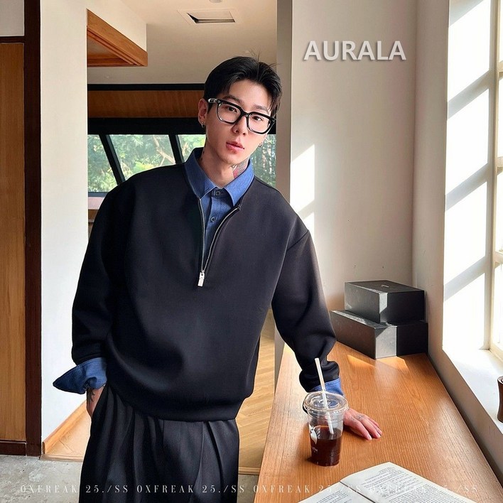 AURALA 남성 카라넥 캐주얼 맨투맨 봄가을 오버핏 긴팔 티셔츠
