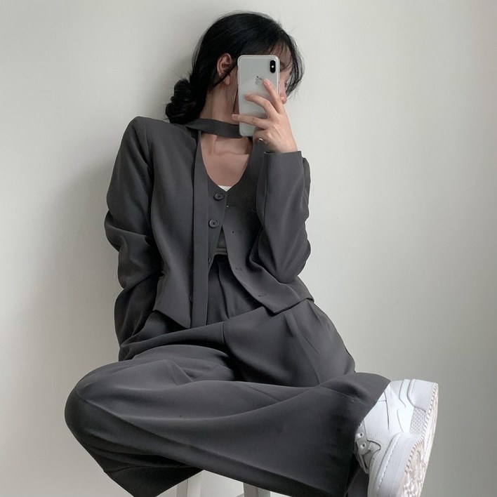 뉴욕멋쟁이 루미 스카프 브이넥 자켓 팬츠세트 허리뒷밴딩바지