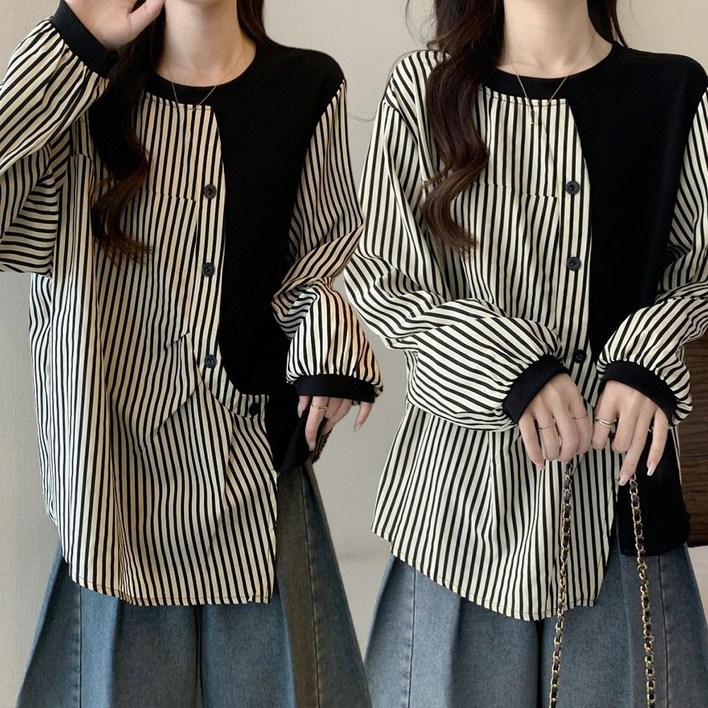여성 스트라이프 배색 긴팔맨투맨 단추포인트 스웨트셔츠 언밸런스 후드티셔츠 C080419