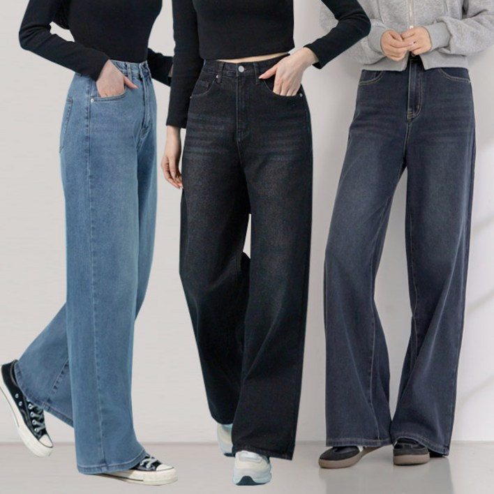 지기핏 3단 기장 스판 와이드 밴딩 데님 여성 청바지 S2XL 빅사이즈