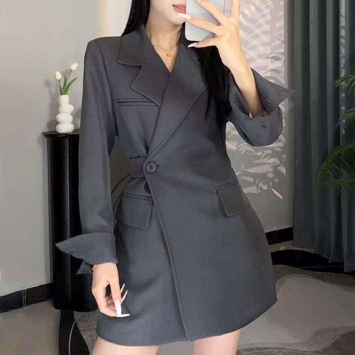 TIMEPURE 여성 원버튼 세련된 정장 롱 자켓 봄 가을 소매트임 뒷면 허리벨트 일체형 고급 캐주얼 하프 정장 오피스룩 하객룩