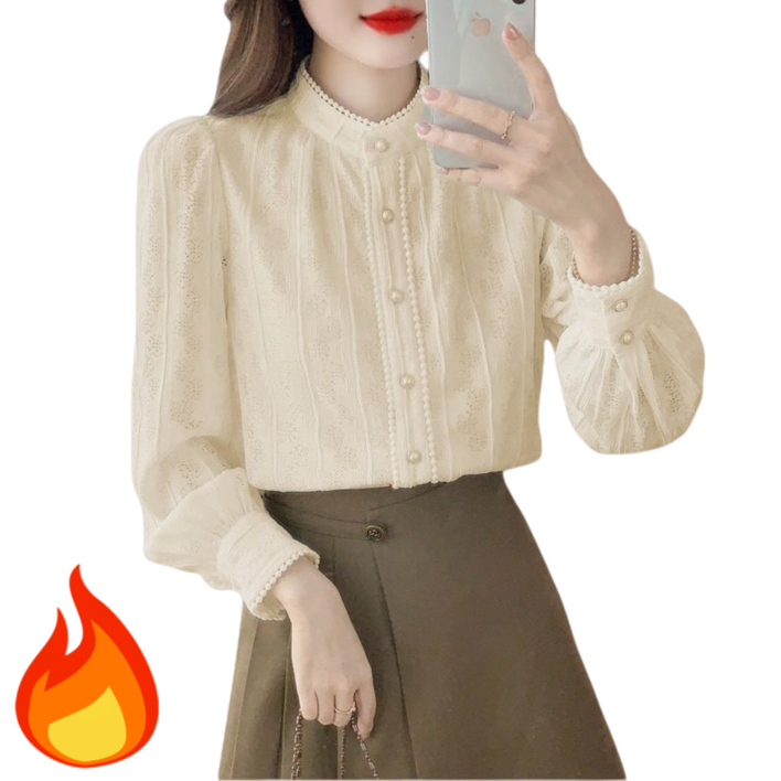 Makone 여성 가을 겨울 반폴라 기모 티 셔츠 레이스 오피스 블라우스