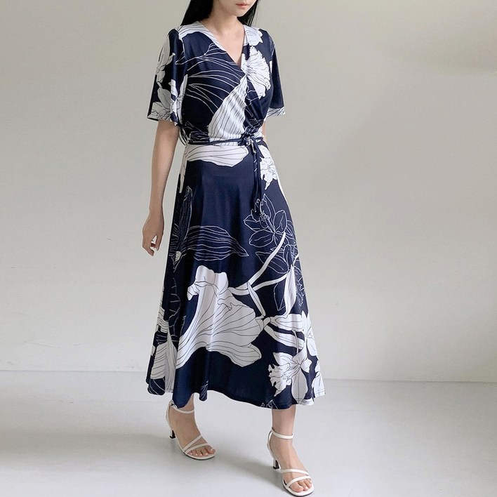 프롬코 여성 여름 휴양지 플라워 저지 맥시 롱 랩원피스 FRC277