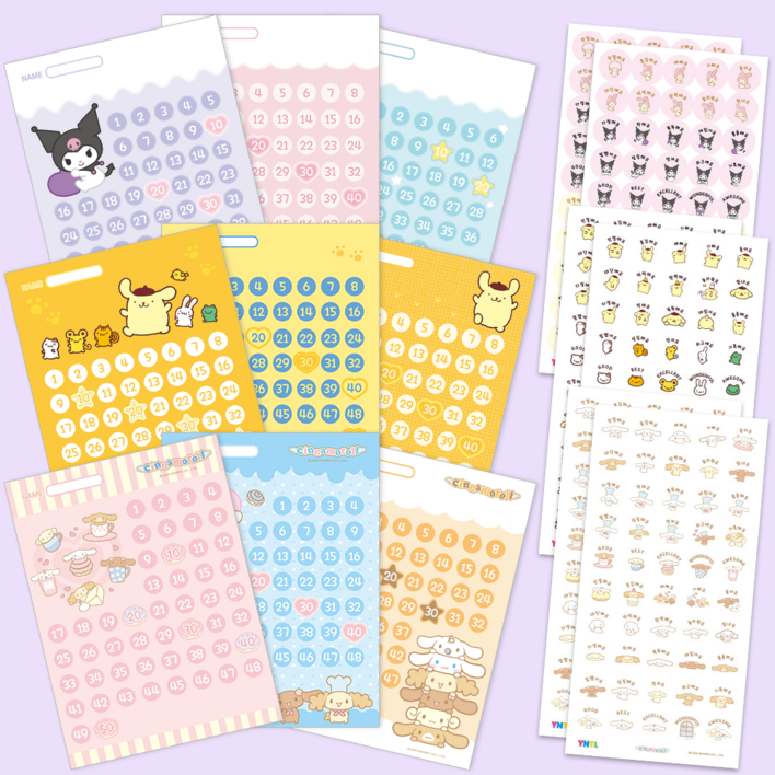 [1+1+1] [대용량] [스티커1,350개+판 27개] 산리오캐릭터즈 칭찬스티커 세트_기본사이즈, 1세트