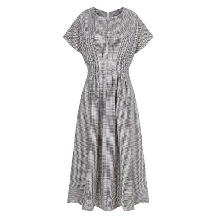 머스트비 여성 라운드 핀턱 체크 플레어 원피스