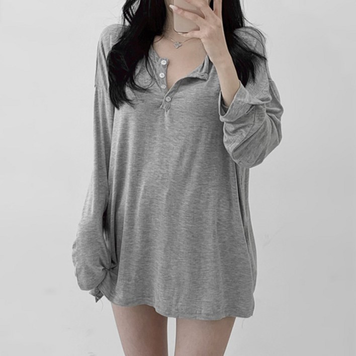 마이쏭 여성긴팔티 롱티 여리핏 찰랑 슬론버튼넥루즈핏티셔츠