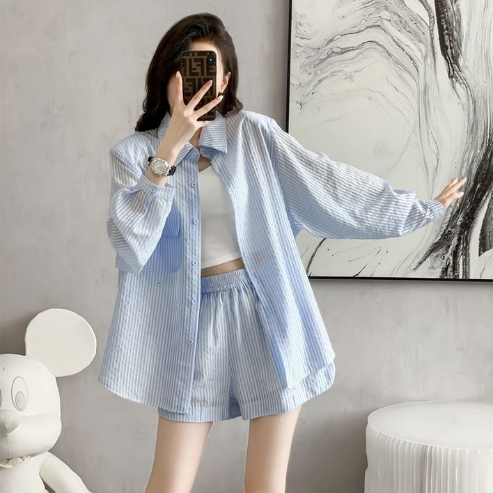 ASURE 여성 스트라이프 자외선 차단 긴팔 셔츠 캐주얼 세트