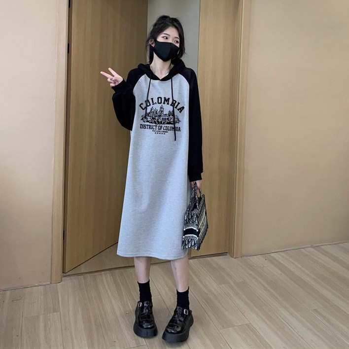 미중 여성 봄 뉴 긴팔 프린트 배색 캐주얼 박시 심플 후드원피스lyf 미중 여성 봄 뉴 긴팔 프린트 배색 캐주얼 박시 심플 후드원피스lyf