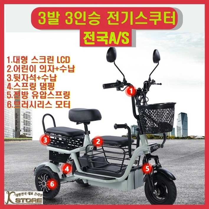 800W 3발 전기스쿠터 전진 후진 소형 경량 펫바이크 강아지 짐칸 배터리 탈부착 3인승 접이식 핸들 오토바이 어린이 노인, 블랙