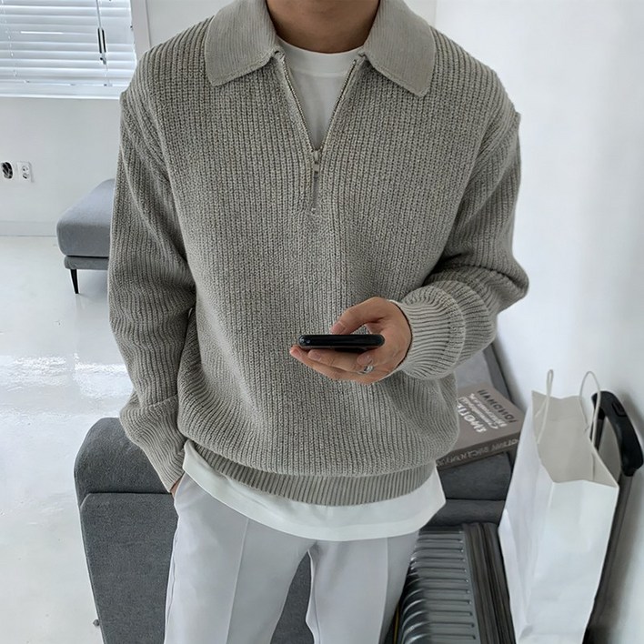 남성 반집업 긴팔 니트 무지 캐주얼 데일리 오버핏 골지 맨투맨 슬림소녀