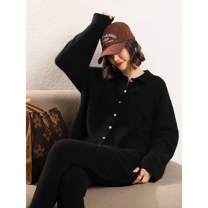 캐시미어100니트 캐시미어 원피스 여성 니트 몽골 울 봄 겨울 미디 카라 넥 100 스웨터 단추 카디건