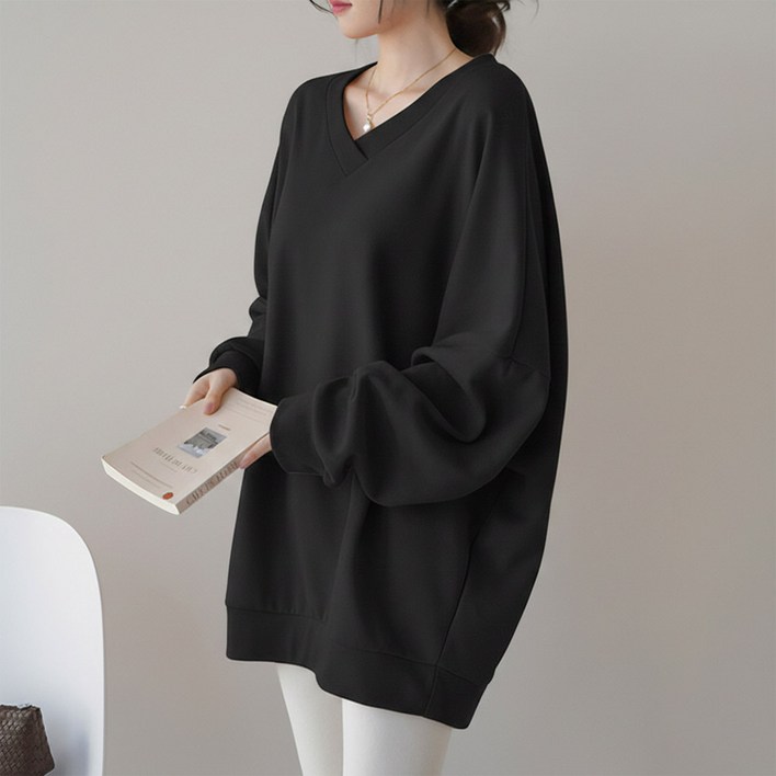 데일리앤 로헨 여성 브이넥 빅사이즈 오버핏 맨투맨 무지 박스 롱 티셔츠