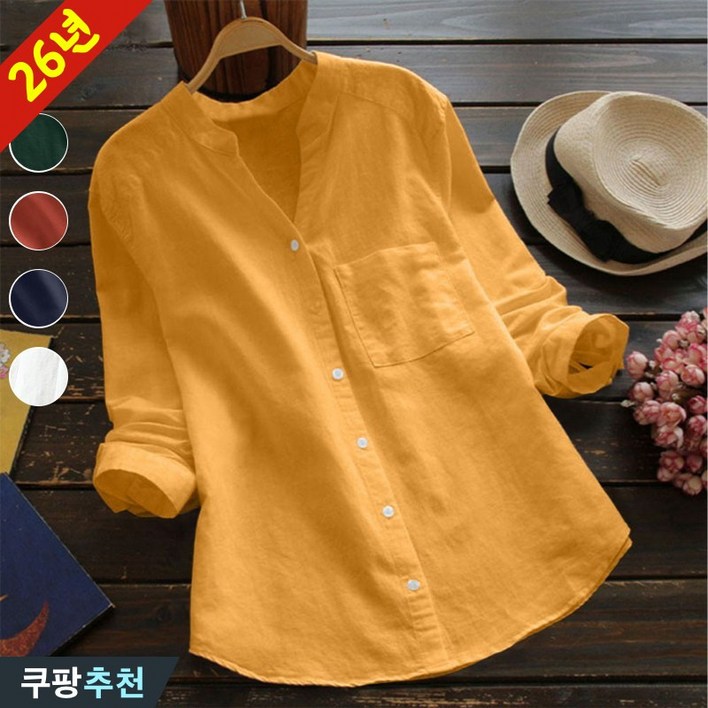 완전 편한 3XL까지 여성 린넨 브이넥 솔리드 남방 블라우스 빅사이즈 추천 루즈핏 통기성 면 마 오버핏 긴소매 부드러운 사계절 캐주얼 모던 단색 옐로 흰색 오픈카라 여성용 셔츠