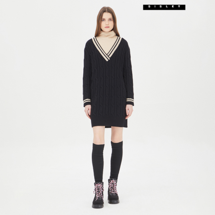 시슬리 배색 케이블 니트원피스 SAKO32361_BK 763223