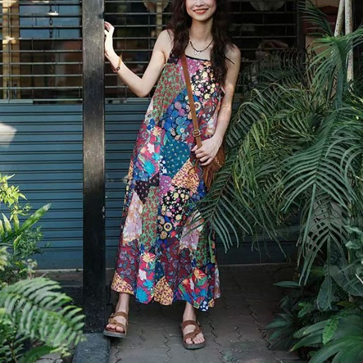 슬림소녀 여성 여름 보헤미안 원피스 플라워 바캉스 민소매 롱 스커트