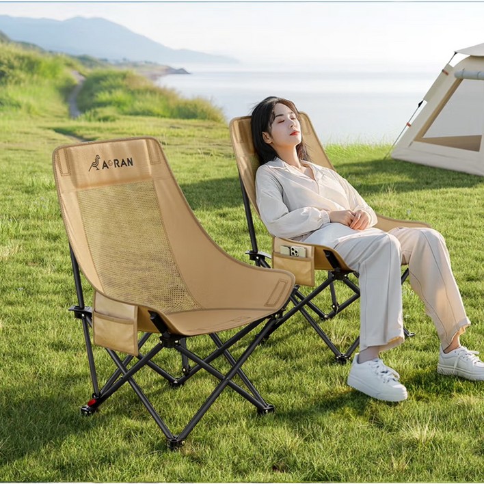 AORAN 1+1 각도조절 경량 접이식 캠핑 의자 세트, 2개, 카키 두 배의 통기