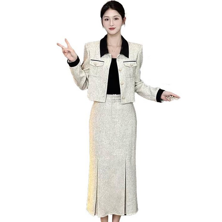 셀럽당 여성용 트위드 크롭자켓앞트임 롱 스커트 투피스 오피스 정장 세트 A03086KR