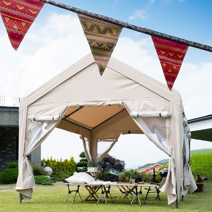 캐노피 대형 천막 몽골 텐트 가제보 장박 테라스 옥상 창고 캠핑 풀세트, 아이보리