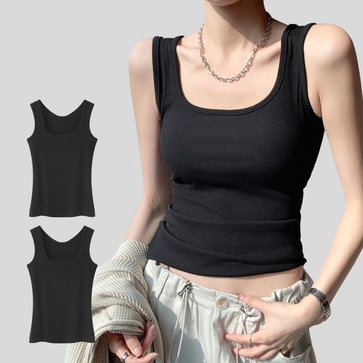 허블리 여성 스퀘어넥 골지 면 스판 민소매 나시 2장세트