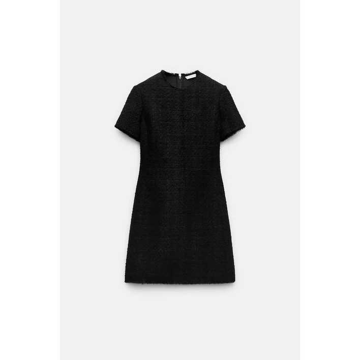 쉬폰 원피스 자라 ZARA 여성 기본 베이직 반팔 트위드 라운드넥 드레스 블랙