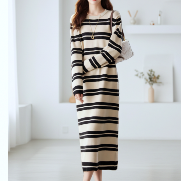 유니크코코 스트라이프 단가라 니트 롱 원피스 긴팔 op5778