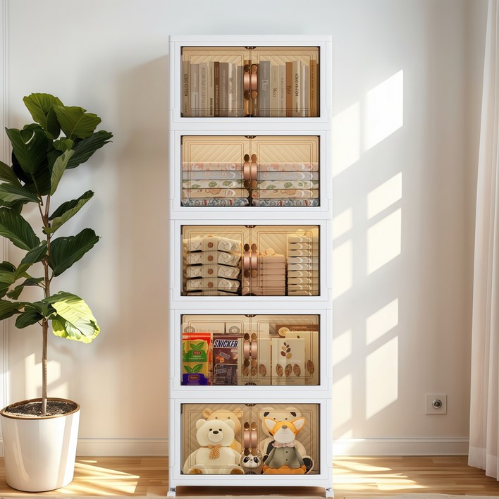 YEAAYE 더블 도어 멀티 레이어 접이식 수납함 바퀴 버전, 화이트