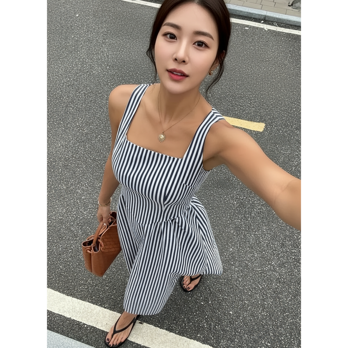 스트라이프 스퀘어넥 슬리브리스 드레스 롱원피스