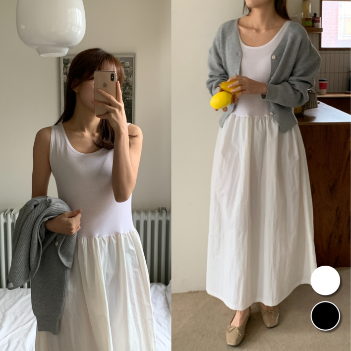 핏몬 여성 레이어드 루즈핏 나시 플레어 롱 원피스