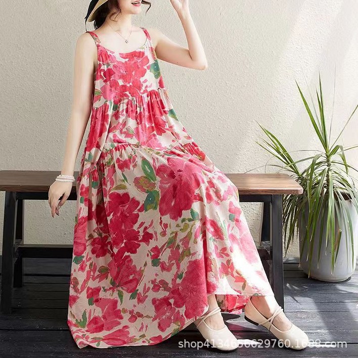 롱 배색 나염 나시 중년 루즈핏 바캉 엄마옷 꽃무늬  대원피스 라운드넥 여름 민소매