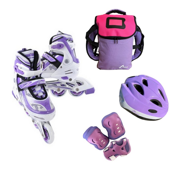 [인라인 SET] 사이즈 조절형 발광바퀴 인라인 스케이트+헬멧+보호대+가방, 스마트 퍼플 SET