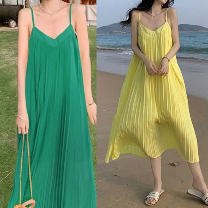 오너클랜 플리츠 나시 원피스 앞뒤 브이넥 A라인 여름 비치룩
