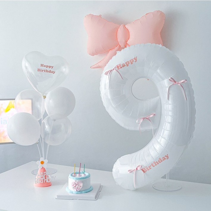 하피블리 리본 풍선 가랜드 화이트 숫자 풍선 생일 파티 용품 세트