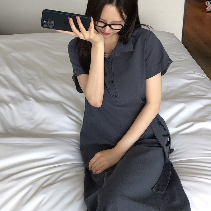 메이징 여성 카라 넥 버튼 스트랩 원피스