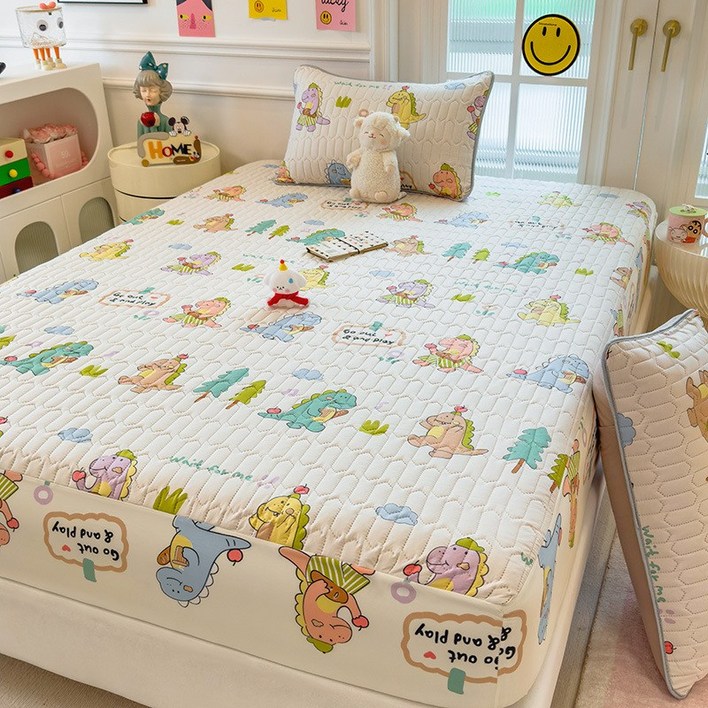 SSINGYUN 캐릭터 날염 누빔 토퍼형 매트리스 커버 미끄럼방지 침대커버 베개커버 세트