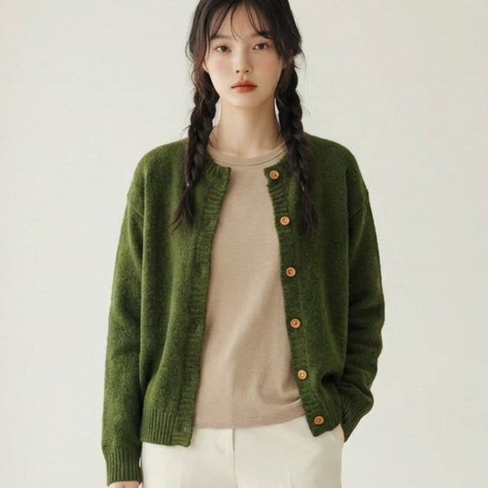 OFFONOFF 여성 레트로 울니트 가디건 올리브 그린