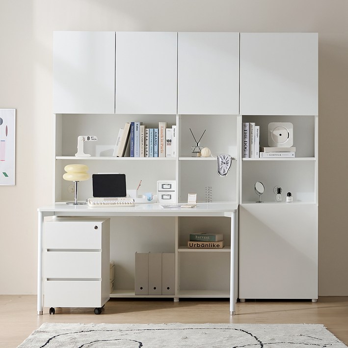 필웰 횸 전면책장 1400 6단  책상  책장 6단 세트 방문설치, 화이트