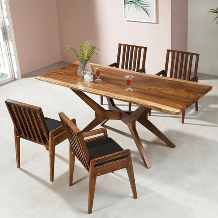 헤즈로 레스토X 4인용 우드슬랩 원목식탁세트 1400 식탁 테이블 + 접이식 의자 4p 방문설치