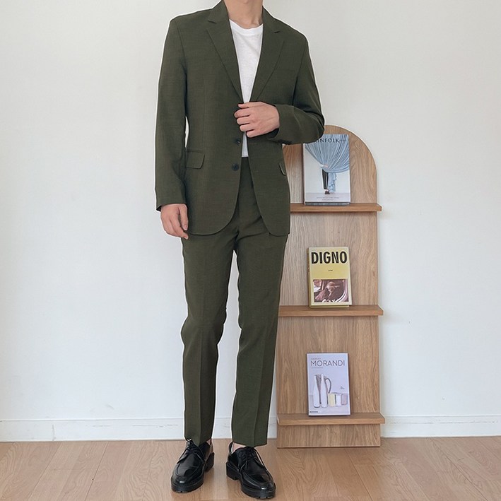 언탭트 남성용 여름 린넨 쓰리버튼 수트 재킷   팬츠 세트