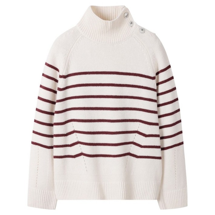 씨씨콜렉트 여성용 버튼업 하이넥 스트라이프니트